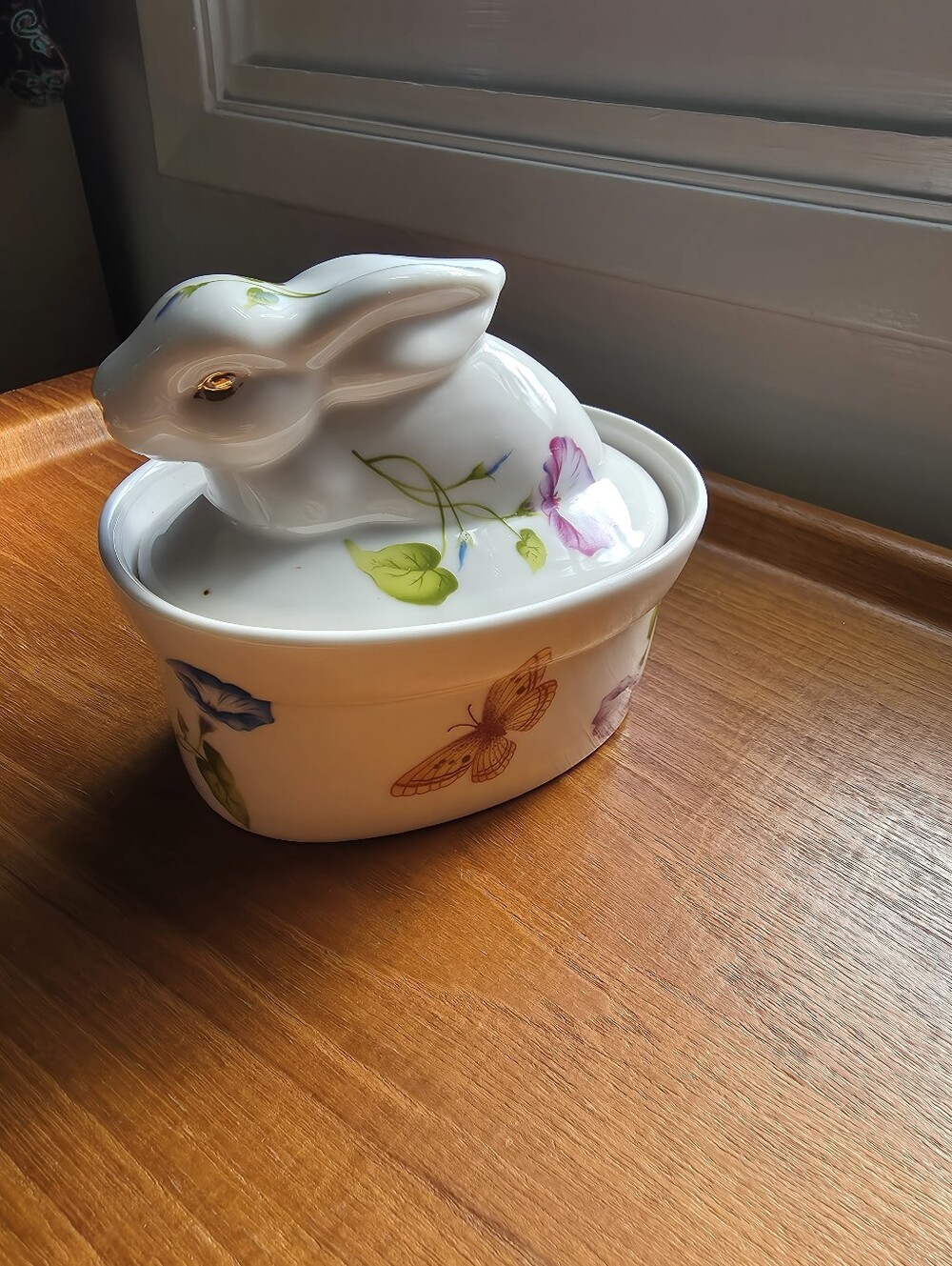 Grace Teaware Morning Glory Floral Bunny Figurine Sugar Box, fine porcelain